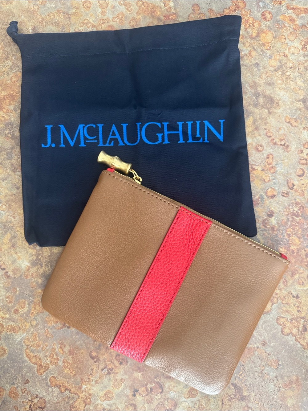 J. McLaughlin Brown Leather Pouch with Red Center Stripe